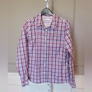 Columbia Women's XL Plaid Roll Tab Omni-Shade Sun Protection SPF XL pink gray
